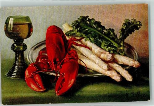Stilleben Hummer Spargel Wein H.K.C. u M. Serie 609