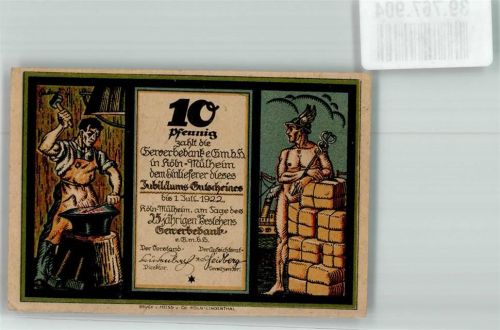 Köln Mülheim 901 1922 10 Pfennig Gewerbe-Bank Jubiläums-Gutschein 25. Bestehen
