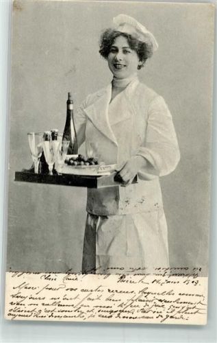1903 Frau in der Kleidung eines Koches serviert ein Tablett mit Wein und Bier Stempel Commissariat Federal des Guerres