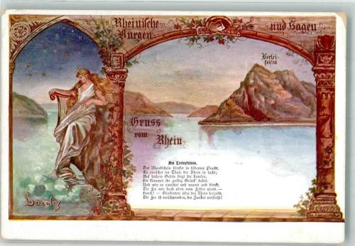 Loreley sign. Wewerka Die Harfe spielende Fee auf dem berühmten Felsen Rheinische Burgen und Sagen