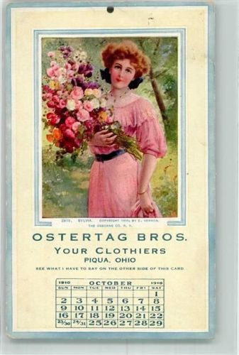 1910 Passepartout Frau mit Blumen Ostertag Bros. October 1910 Your Clothiers Piqua, Ohio