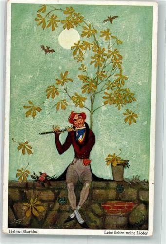 Mann spielt Querflöte unter dem von Fledermäusen umschwirrten Vollmond Primus Verlag Wohlgemuth & Lissner No. 5213