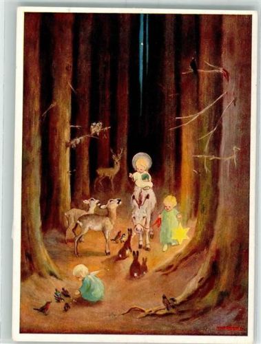 Verlag Josef Müller Nr. 4373 Weihnachten Heiliges Christkind auf dem Esel, Engel Eule