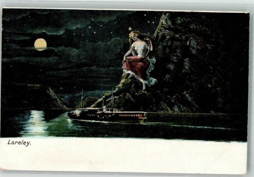Loreley Rheinschifffahrt Raddampfer unter der auf dem Felsen sitzenden Harfe spielenden blonden Frau Verlag Zieher, Ottmar 3095