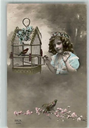 1913 Verlag REX 4345 Kind Mädchen Vogelkäfig handkoloriert