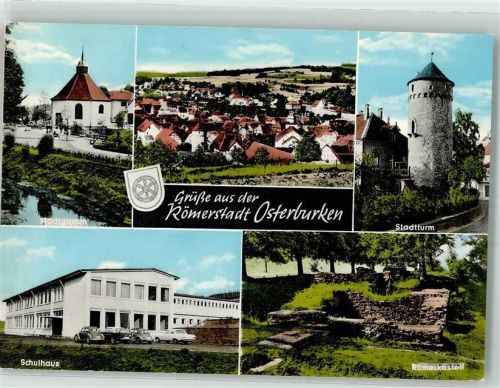 74706 W6960 Osterburken Foto AK Stadtgarten Kilianskapelle Schulhaus Stadtturm Römerkastell Verlag Alfred Dittmann