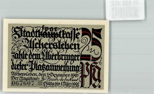 Aschersleben 1921 25 Pfg. Nr. 067607 Platzanweisung Stadtsparkasse