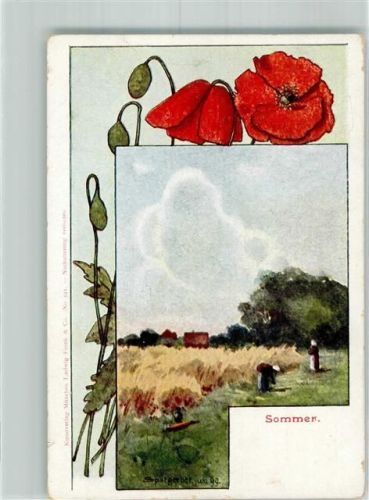 1933 Sommer Mohnblumen Frauen bei der Feldarbeit Künstlerkarte