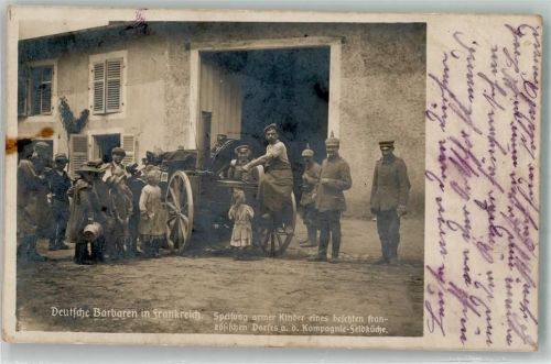 1915 Landser speisen aus einer Feldküche arme französische Kinder Feldpost Bayer. 1. Landwehr-Division