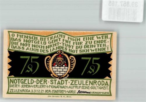 Zeulenroda 1921 75 Pfennig Ritter von Greiz