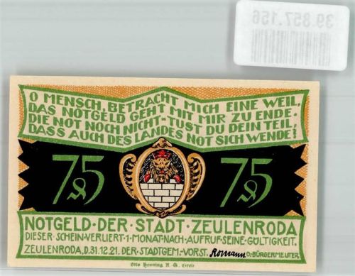 Zeulenroda 1921 75 Pfennig Wassernot