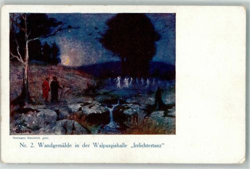 O4308 Thale sign. Hendrich Hermann Wandgemälde i.d. Walpurgishalle Irrlichtertanz Hexe Künstlerkarte