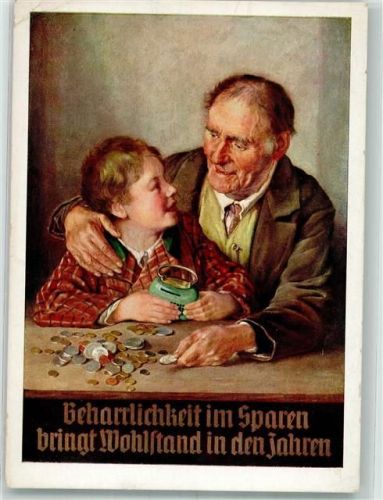 München sign. Prof. Schlegel Großvater zählt mit Enkelkind Geldmünzen Städtische Sparkasse München Künstlerkarte