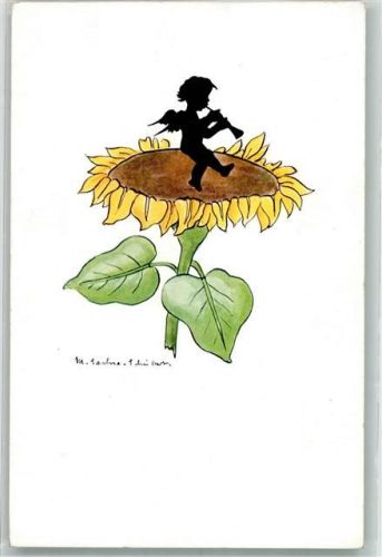 Kleiner Engel spielt Flöte auf der Blüte einer Sonnenblume Primus 1478