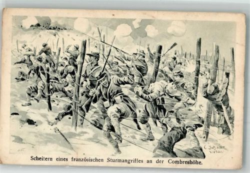 1915 sign. Schaller Scheitern eines französischen Sturmangriffs an der Combreshöhe Künstlerkarte Feldpost Mengkofen
