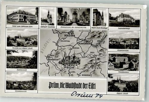 Prüm Sankt-Salvator-Basilika Hotel zum Goldenen Stern Regino-Schule Jugendherberge Schwimmbad Waldbad Krankenhaus Stilisierte Landkarte