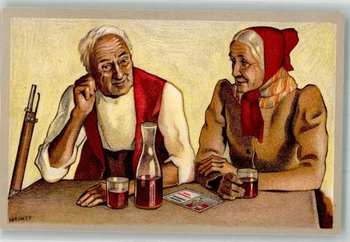 1924 sign. Boeckly Älteres Paar zu Tische bei einem Glas Rotwein Schweizerischer Schützenverein