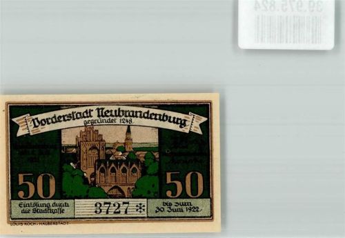 Neubrandenburg 1922 Einlösung Stadtkasse 50 Pfennig Altstadt