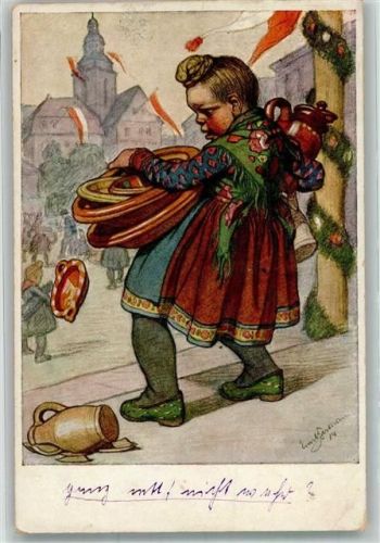 1920 Mädchen in hessischer Tracht beladen mit Töpferware Künstlerkarte