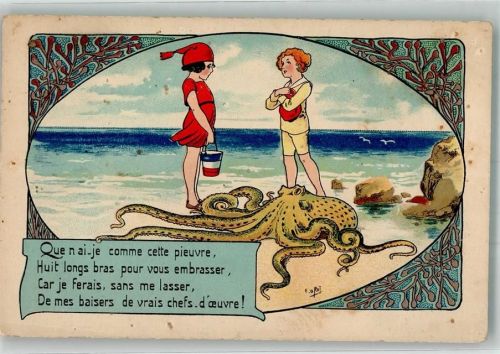 Zwei französische Kinder am Strand mit einer Krake Künstlerkarte Marine WK I