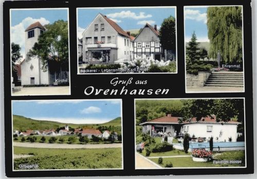 Ovenhausen Kirche, Ehrenmal, Pension Hesse, Geschäft Bäckerei Karl Engel