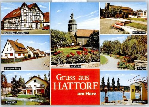 37197 W3420 Hattorf am Harz - Gaststätte Zum Stern, Breslauer Ring, Kirche, Anlagen, Schwimmbad, Altenheim