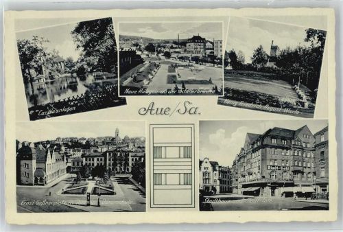 Aue Carola-Anlagen, Neue Anlagen an der Schillerbrücke, König-Friedrich-August-Warte, Stadthaus, Stadt-Café, Ernst-Geßnerplatz, Post, Dürerschule