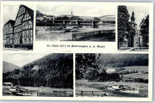 Beverungen 1955 Fachwerk Fahrgastschiff Kath. Kirche
