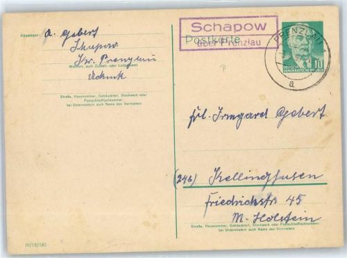 Prenzlau Landpoststempel Schapow