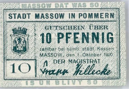 Massow Maszewo 1920 Notgeldschein 10 Pfennig