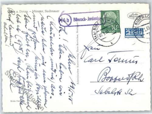 Jordanbad Landpoststempel Münster Stadtmauer Ulm Donau Notopfer