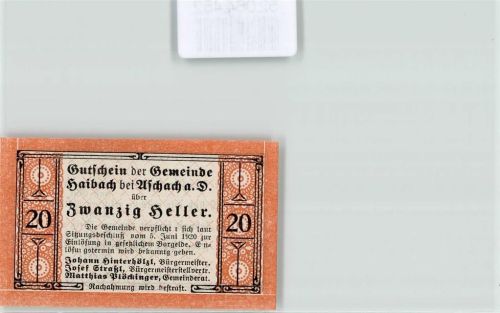 Haibach ob der Donau 1920 Gutschein 20 Heller