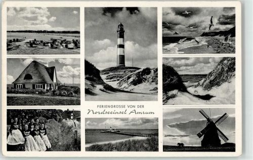 Amrum Mädchen in Tracht Leuchtturm Windmühle Strand