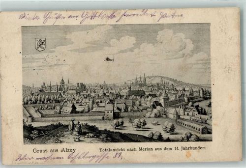Alzey 1910 Stadtansicht nach Merian aus dem 14 Jahrhundert