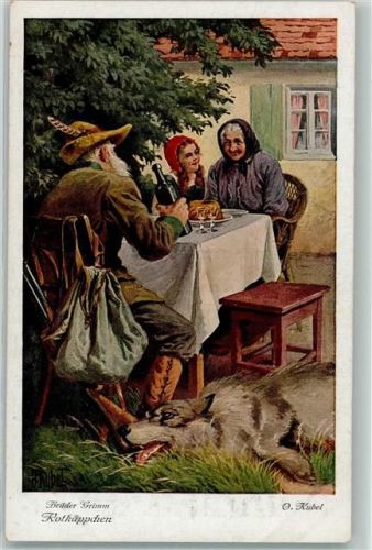 Wolf Jäger Großmutter gedeckter Tisch sign. O. Kubel Serie 128 No. 3735 zusammen 6 AK Rotkäppchen Künstlerkarte