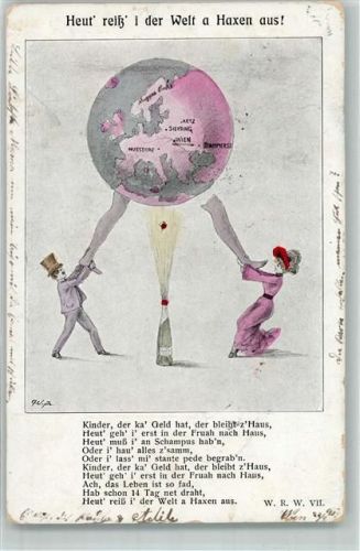 Wien 1904 Weltkugel Heut reiß ich der Welt a Haxen aus - Allegorie Sievering