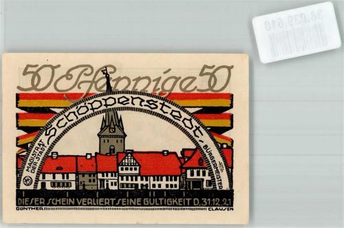 Schöppenstedt 1921 50 Pfennige Marktplatz St. Stephanus-Kirche Rückseite Stadtmagistrat vor der Stadtmauer