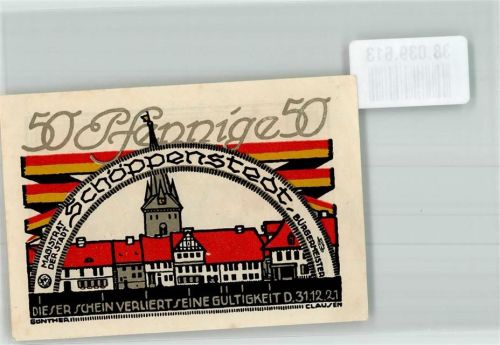 Schöppenstedt 1921 50 Pfennige Marktplatz St. Stephanus-Kirche Rückseite Stadtmagistrat vor der Stadtmauer