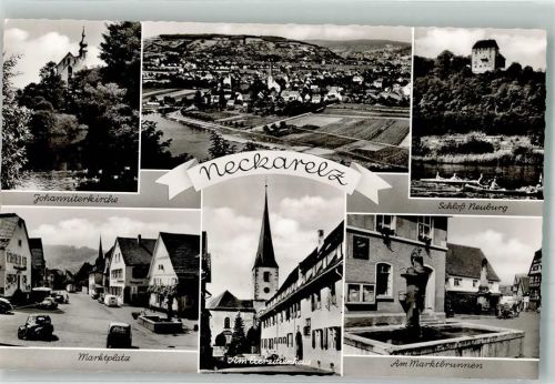 Neckarelz Panorama des Ortes Johanniterkirche Marktplatz Exerzitienhaus Schloss Neuburg Marktbrunnen Verlag Wilhelm Gerling Nr. 1335