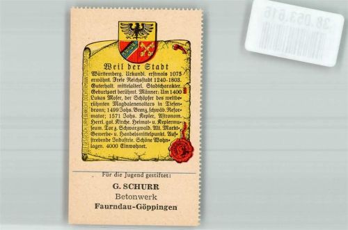 Weil der Stadt Wappensammelmarke mit Chronik Nr. 523 Deutscher Heimatdienst Betonwerke Schurr