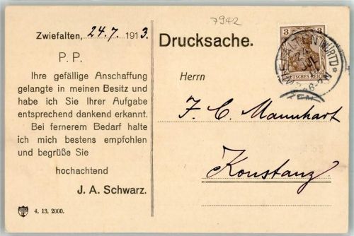 Zwiefalten 1913 Fabrik J.A.Schwarz Geschäftskorrespondenz