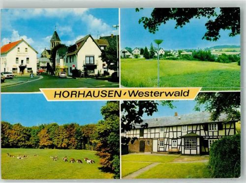 56593 W5453 Horhausen Westerwald Foto AK Gasthaus Pension Westerwaldheim mit Kirche St. Maria Magdalena Fachwerkhaus Naturpark Rhein-Westerwald
