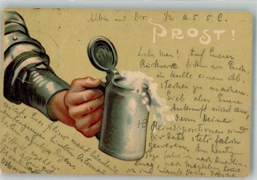 München 1904 Männerhand mit einem Krug HB-Bier Prost! Künstlerkarte Stempeldurchschlag