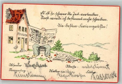 1939 Mann liest im Urlaub vor der Pension in der Zeitung Humor