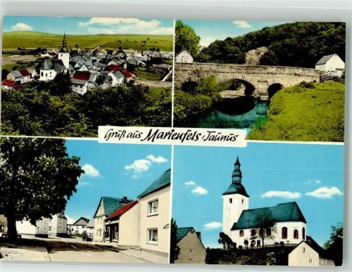 56357 W5429 Marienfels Foto AK Panorama des Ortes mit Ev. Kirche Mühlbachbrücke
