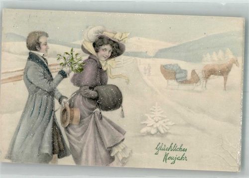 1910 Neujahr Elegantes Paar in warmer Winterkleidung mit Muff Hutmode