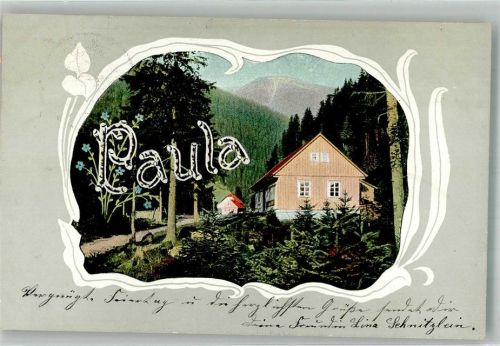 Der Name Paula vor einsamen Haus im Tannenwald Jugendstil Passepartout Serie 1515