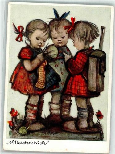 Zwei Schlumädchen mit strickender Freundin Verlag Josef Müller Nr. 5332 Notopfermarke
