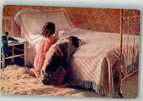 1915 sign. Emmet Kleines Mädchen mit großem Hund beim beten vor dem Schlafengehen Maschinenstempel