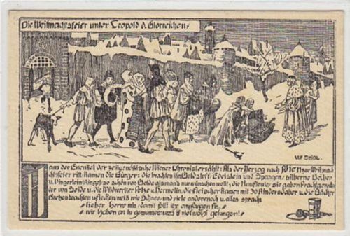 Chronikkarte Wien. Die Weihnachtsfeier unter Leopold d. Glorreichen. Schöne verzierte Rückseite. Ungelaufen. Gute Erhaltung.